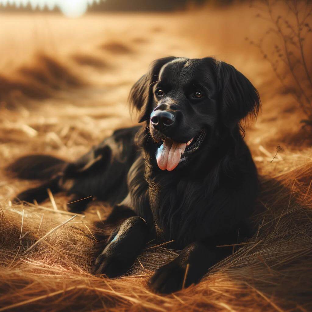A_Black_Golden_Retriever_lying_on_a_patch_of_dry_g