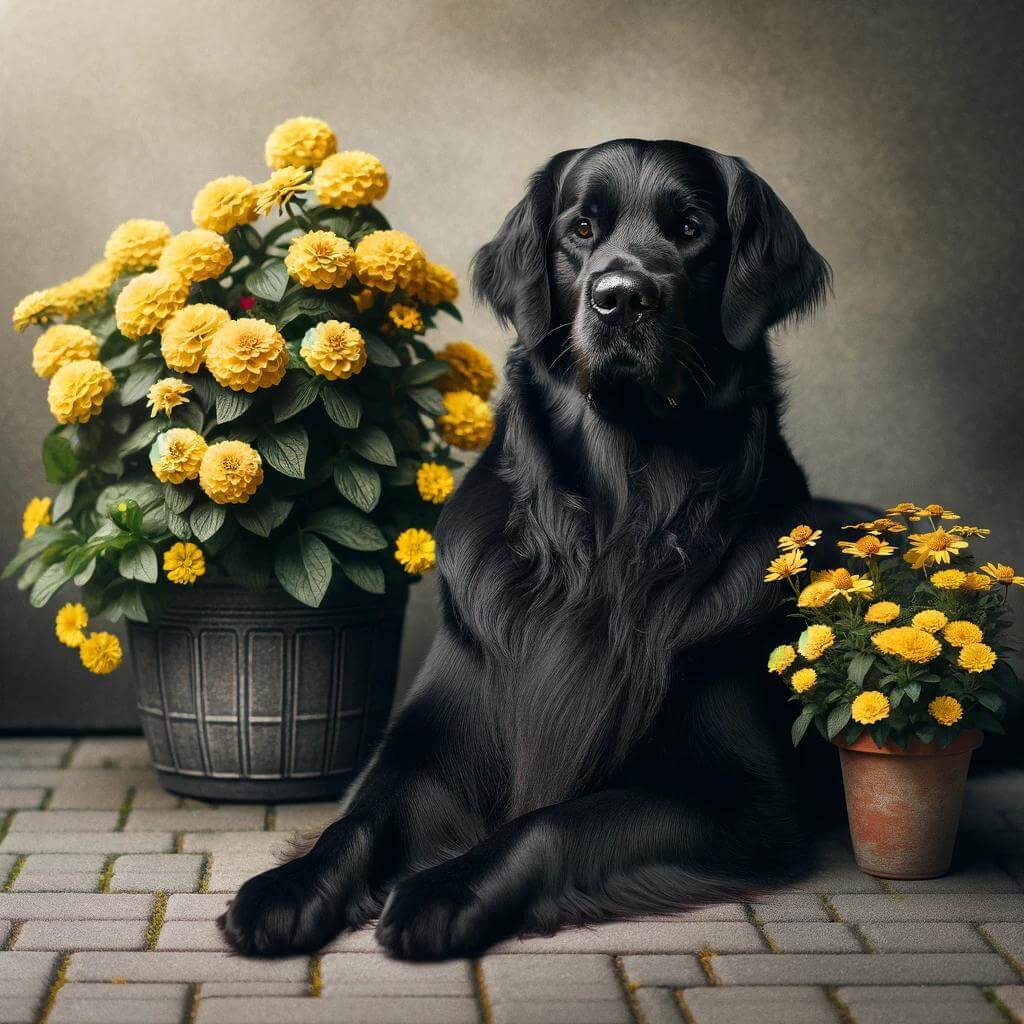 A_Black_Golden_Retriever_next_to_a_pot_of_yellow_f