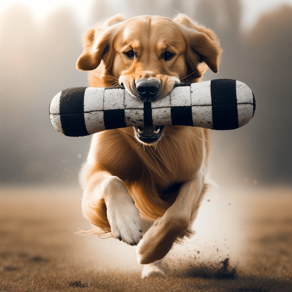 A_Dark_Golden_Retriever_is_captured_in_mid-stride_while_running_across_a_field_mouth_gripping_a_black_and_white_training_dummy