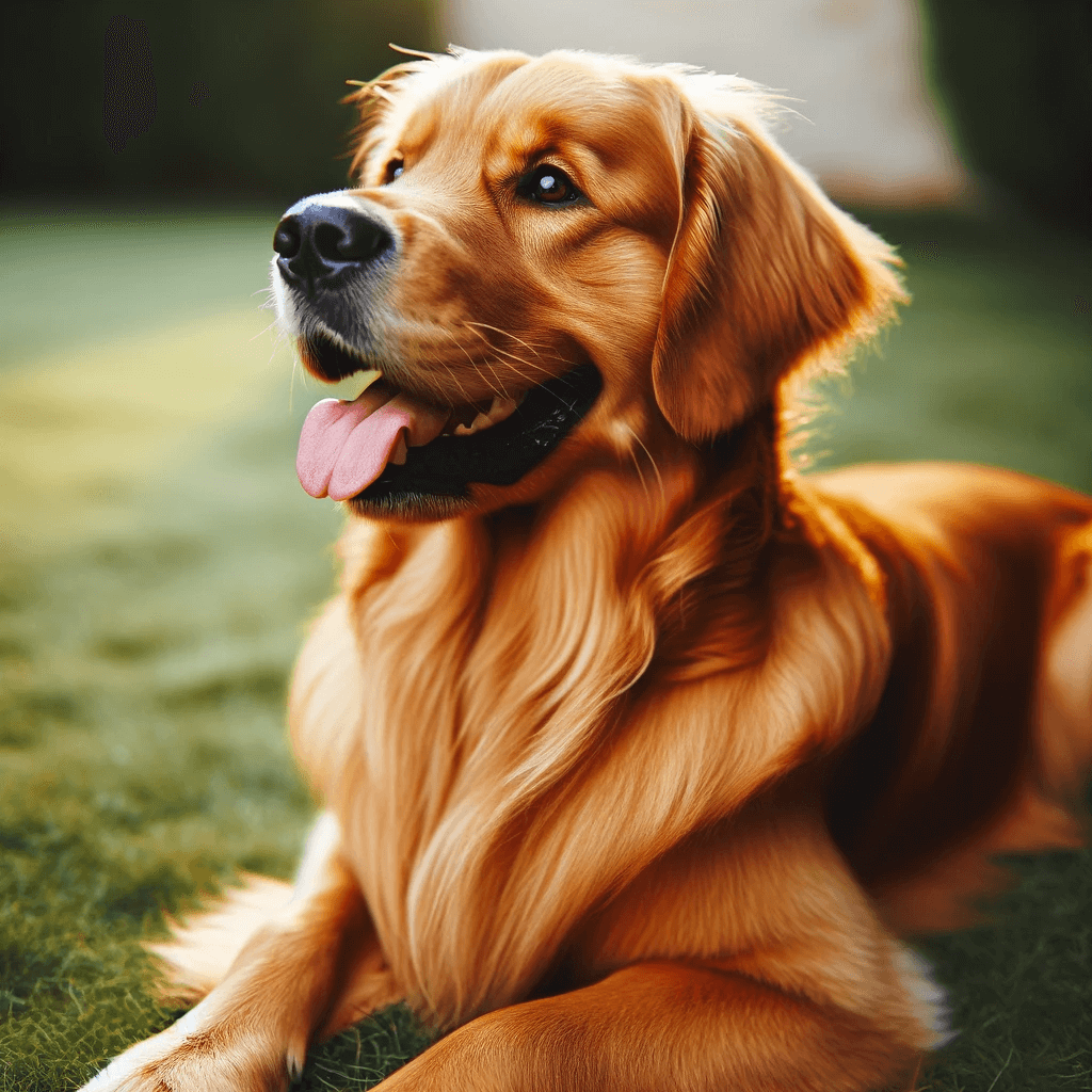 A_Dark_Golden_Retriever_with_a_deep_golden_coat_is_lying_on_the_grass_looking_up_with_a_happy_panting_expression