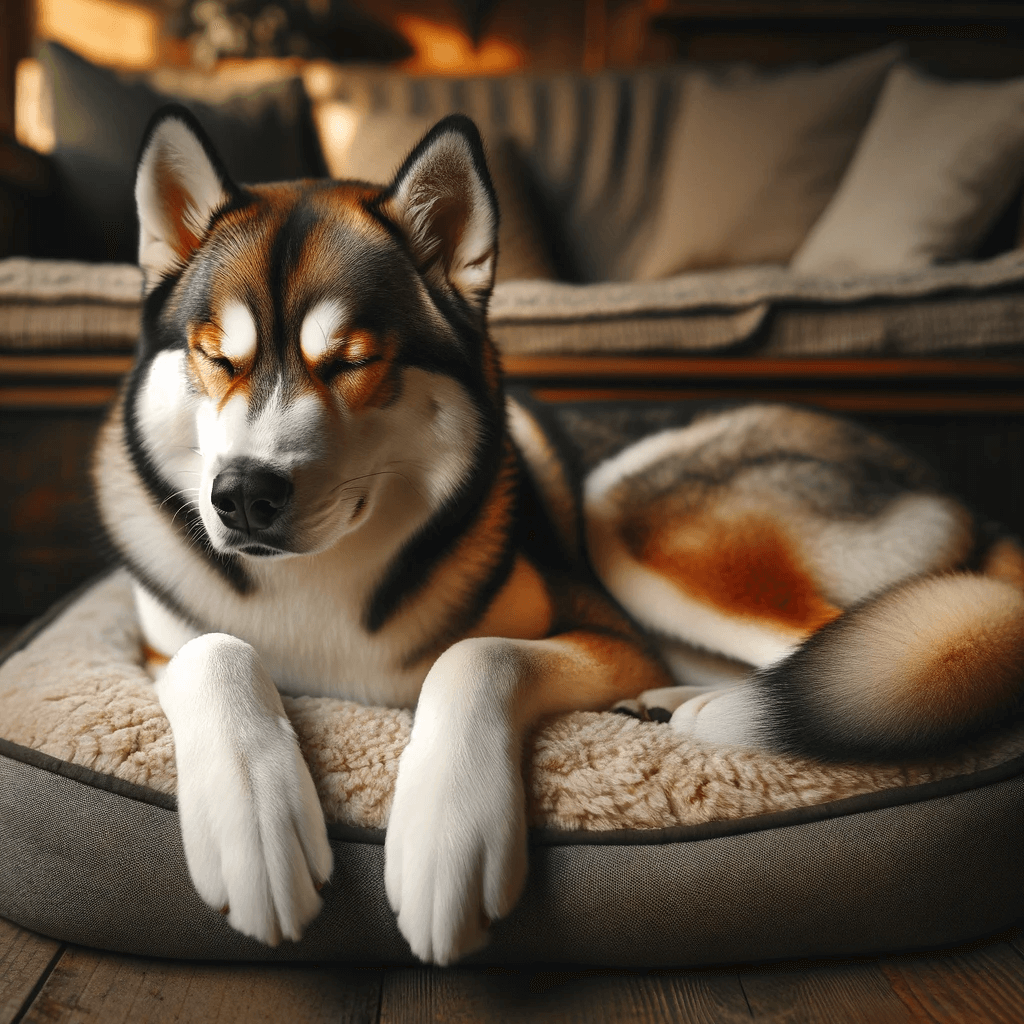 A_Husky_Boxer_Mix_Boxsky_resting_peacefully_on_a_cozy_dog_bed_displaying_its_unique_two