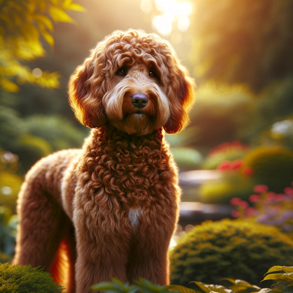 A_Labradoodle_with_a_luxuriant_curly_reddish-brown_coat_stands_amidst_a_tranquil_garden_setting_its_gentle_gaze_directed_forward
