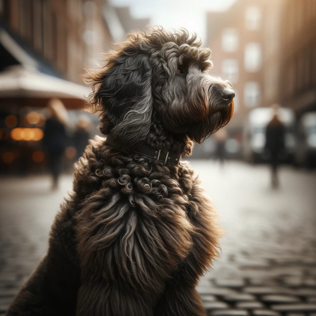 A_Labradoodle_with_a_striking_shaggy_dark_grey_coat_stands_majestically_on_a_cobblestone_path_its_side_profile_captured_in_a_moment_of_poised_elegan