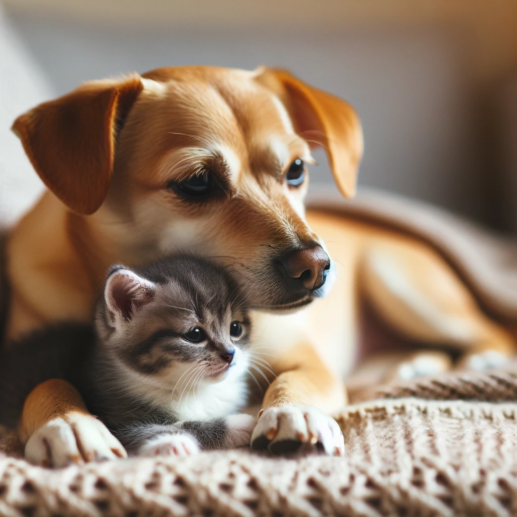 Labrahuahua cuddling with a kitten