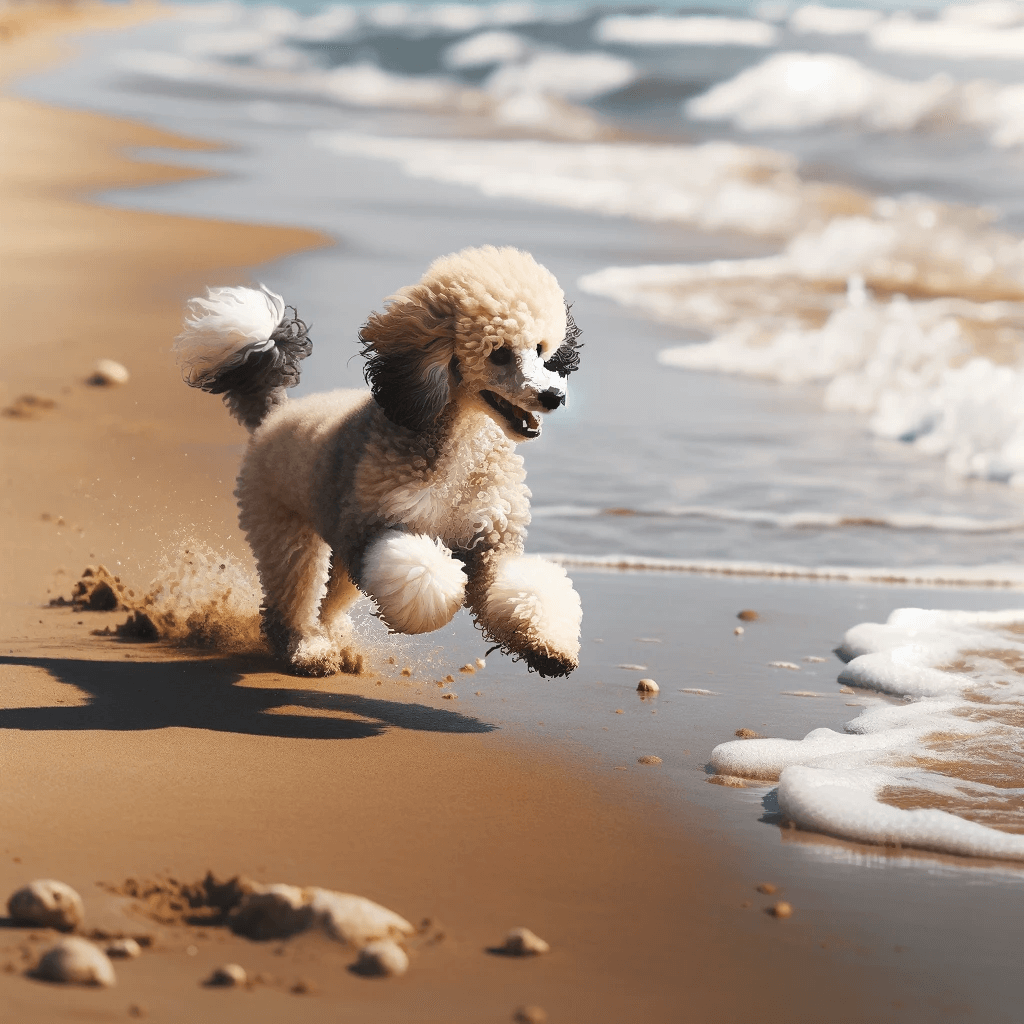 A_Parti_Poodle_at_the_beach_playing_in_the_sand_and_chasing_waves