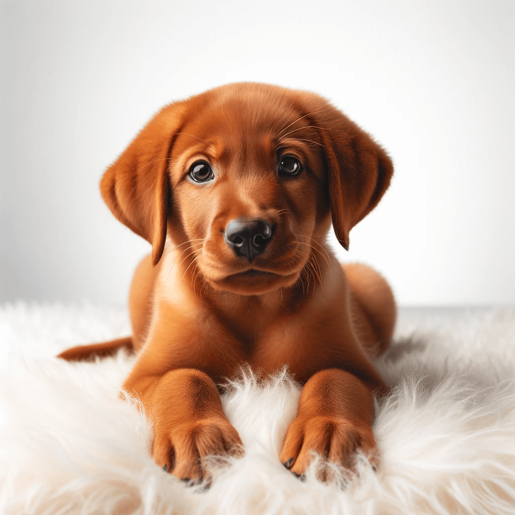A_Red_Fox_Lab_puppy_lying_down_on_a_white_fluffy_surface_gazing_forward_with_a_playful_and_relaxed_expression