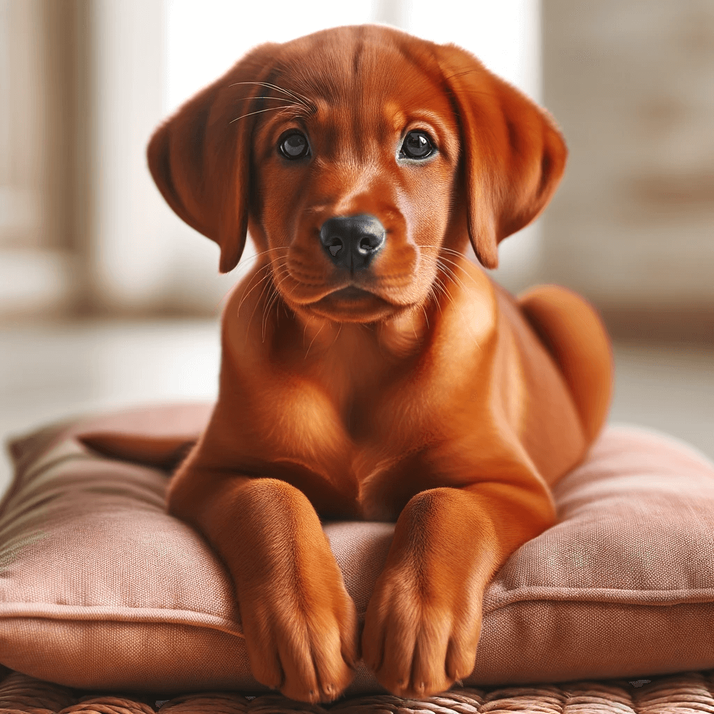 A_Red_Fox_Lab_puppy_seated_comfortably_on_a_cushion_showcasing_its_shiny_coat_and_attentive_eyes_focused_towards_the_camera