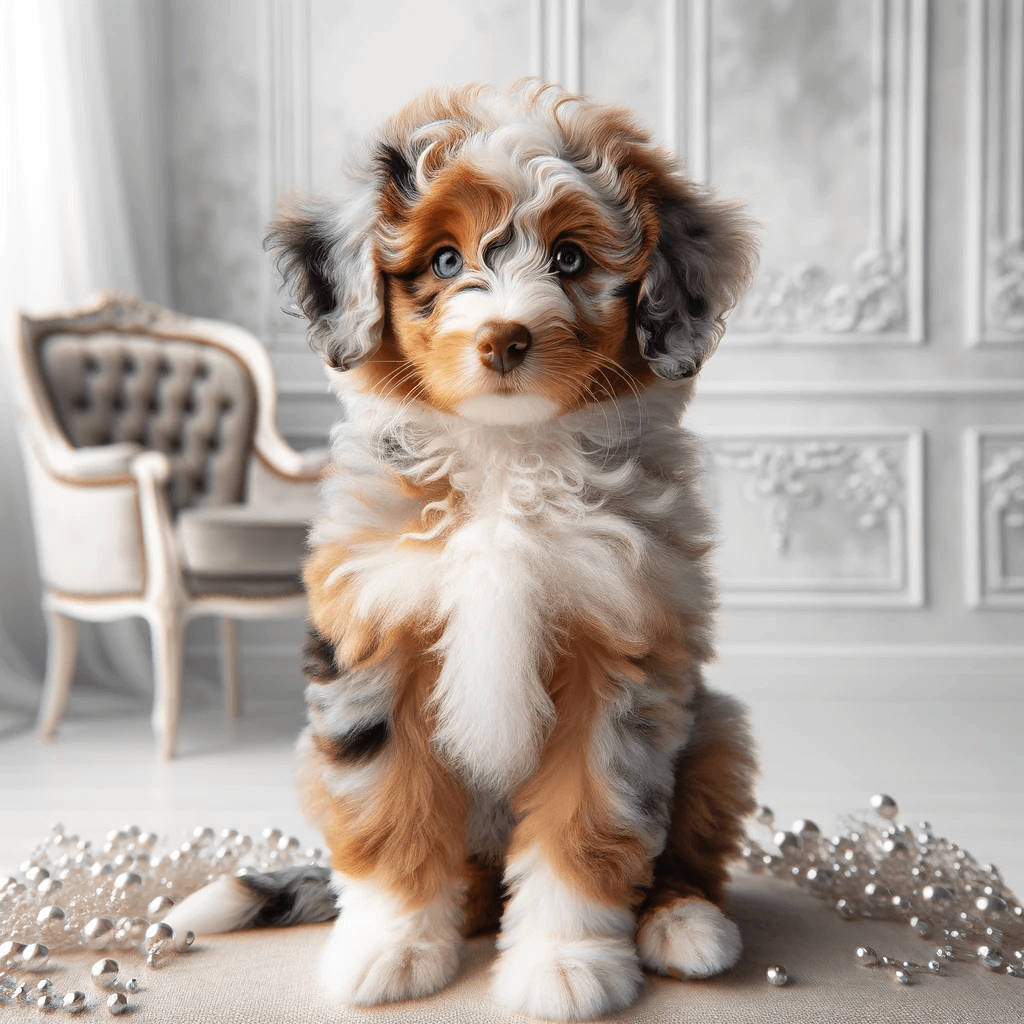 A_Toy_Aussiedoodle_puppy_sits_elegantly_against_a_chic_backdrop_its_red_merle_coat_pattern_showcasing_the_distinctive_color_variations