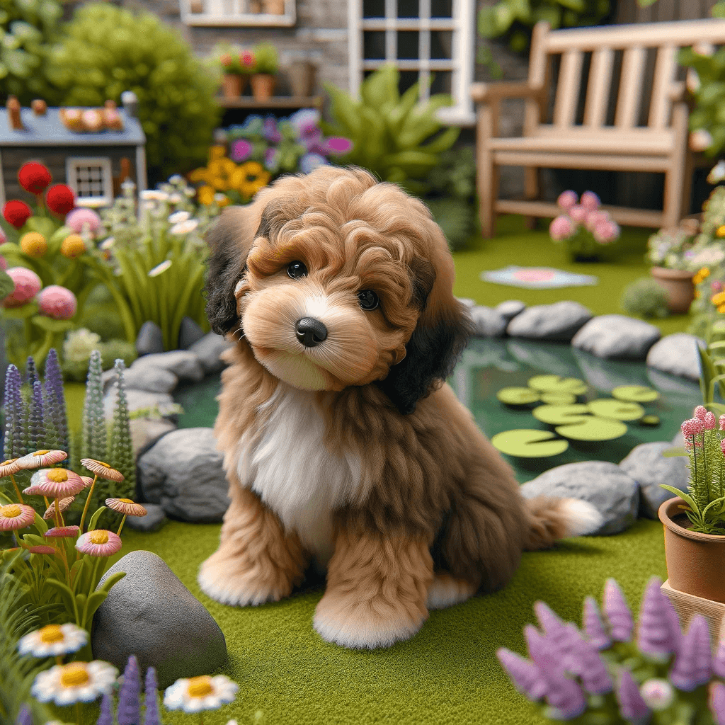 A_Toy_Aussiedoodle_puppy_sitting_in_a_realistic_home_garden_surrounded_by_a_variety_of_common_flowers_and_plants