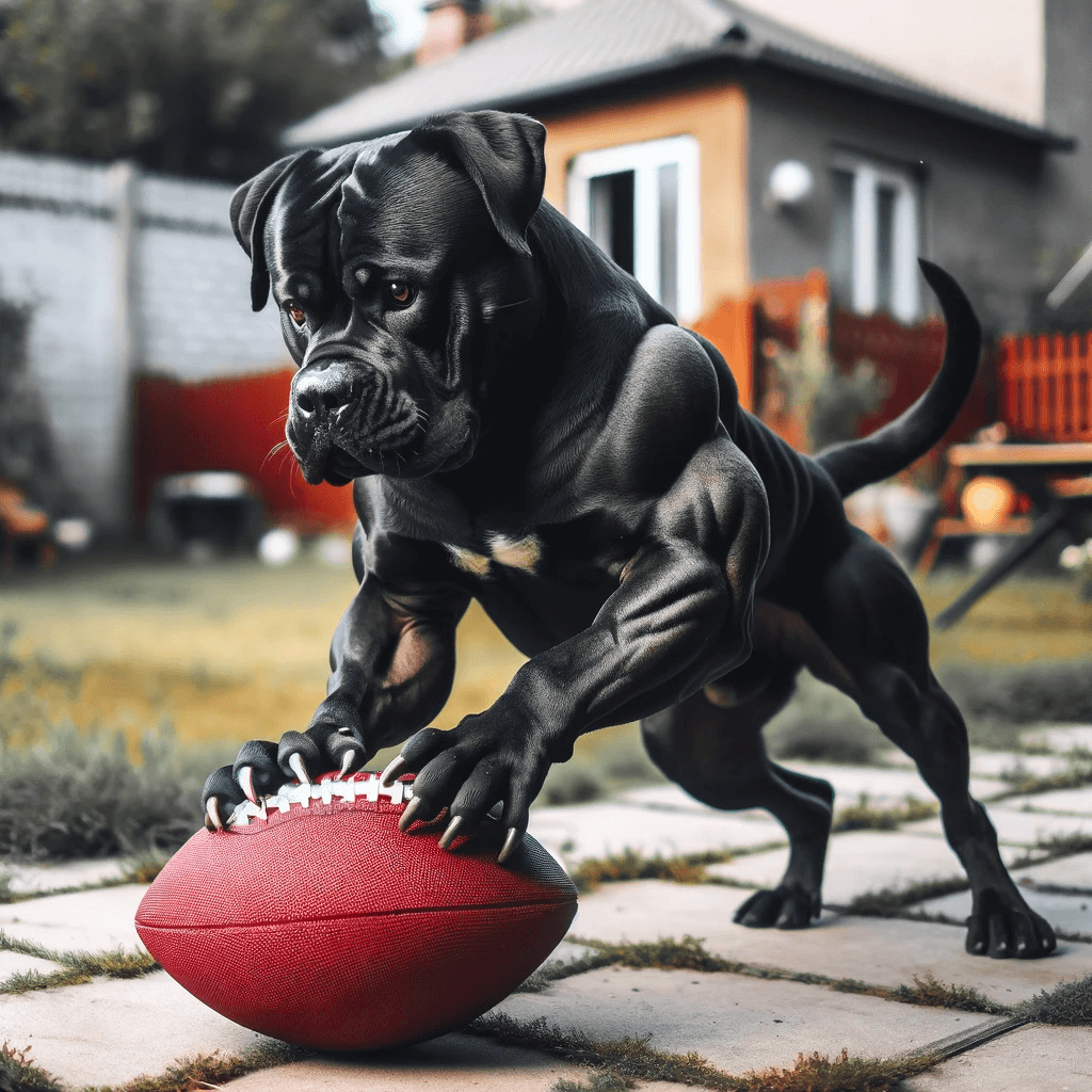 A_black_Brindle_cane_corso_dog_with_a_muscular_build_playing_with_a_red_football_on_a_paved_backyard.