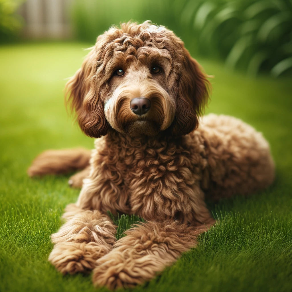 A_brown_Labradoodle_is_lying_on_grass_looking_at_the_camera_with_a_soft_curly_coat_and_a_relaxed_posture._The_scene_is_peaceful_and_natural_with_th