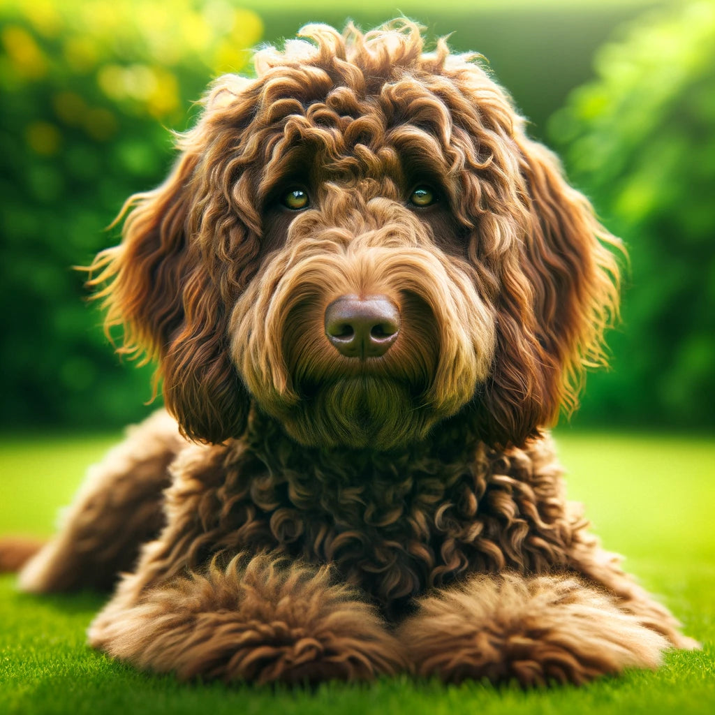 A_brown_Labradoodle_is_lying_on_lush_green_grass_directly_engaging_the_viewer_with_a_gaze_that_seems_almost_human_in_its_depth_of_expression