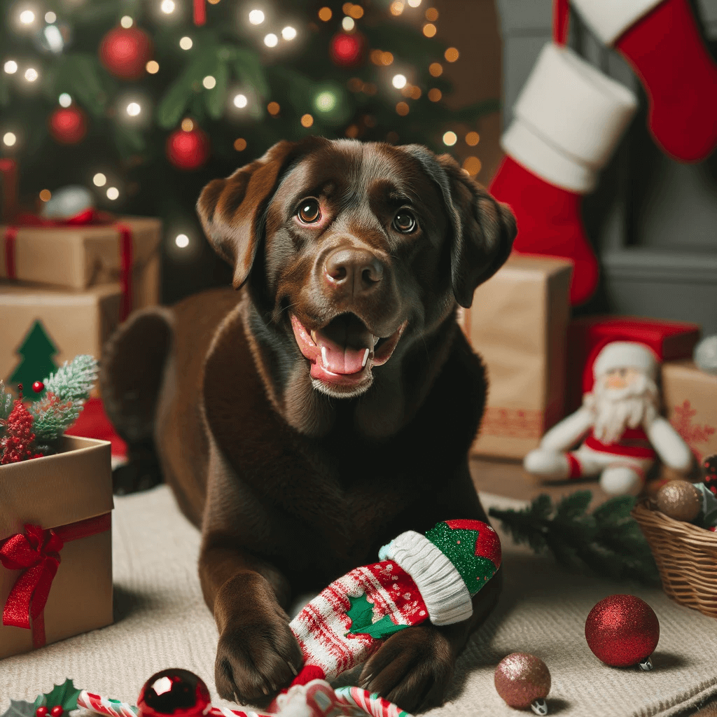 A chocolate Labrador amidst a festive Christmas scene