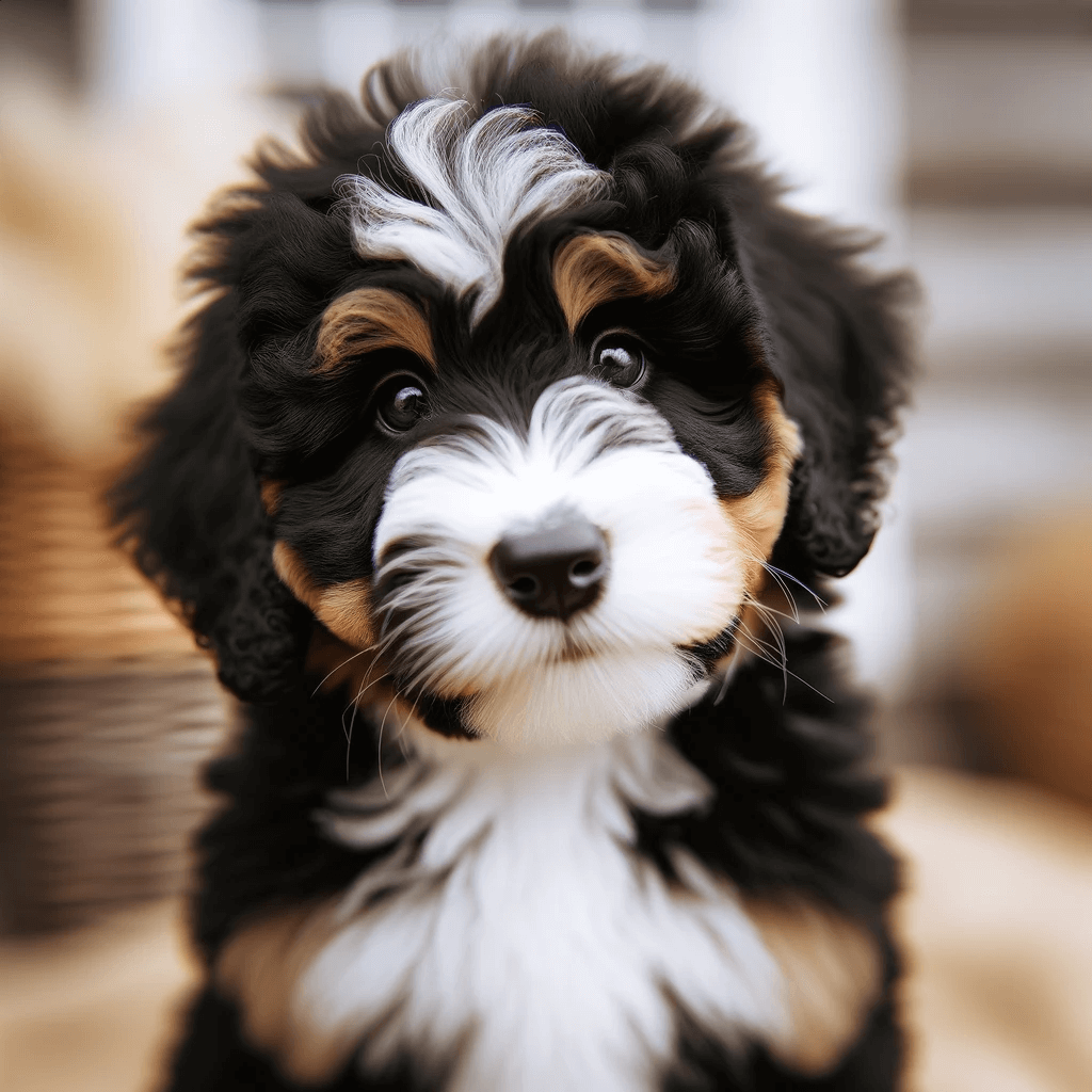 A_fluffy_F1B_Bernedoodle_puppy_with_a_predominantly_black_coat_with_white_markings