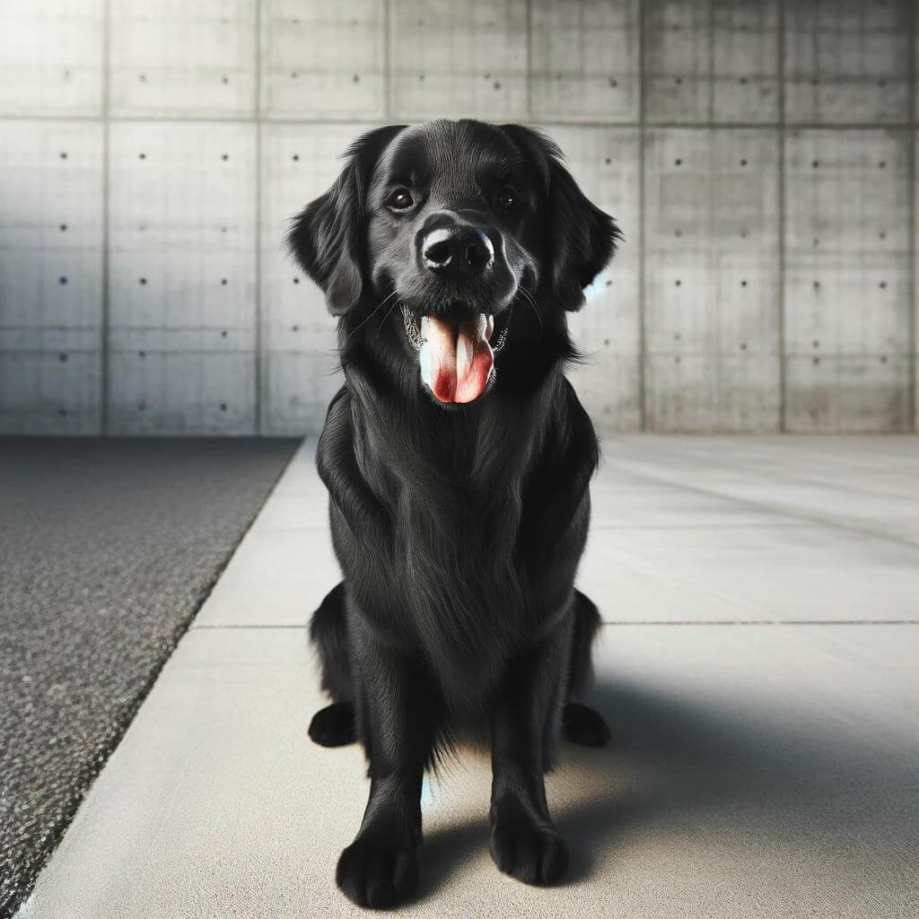 A_full-grown_Black_Golden_Retriever_on_concrete_pa