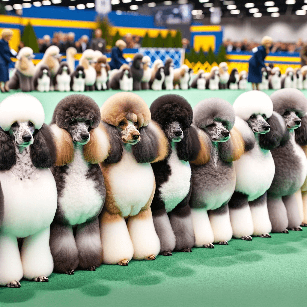 A_group_of_Parti_Poodles_at_a_dog_show_lined_up_and_displaying_their_various_patterns_and_sizes