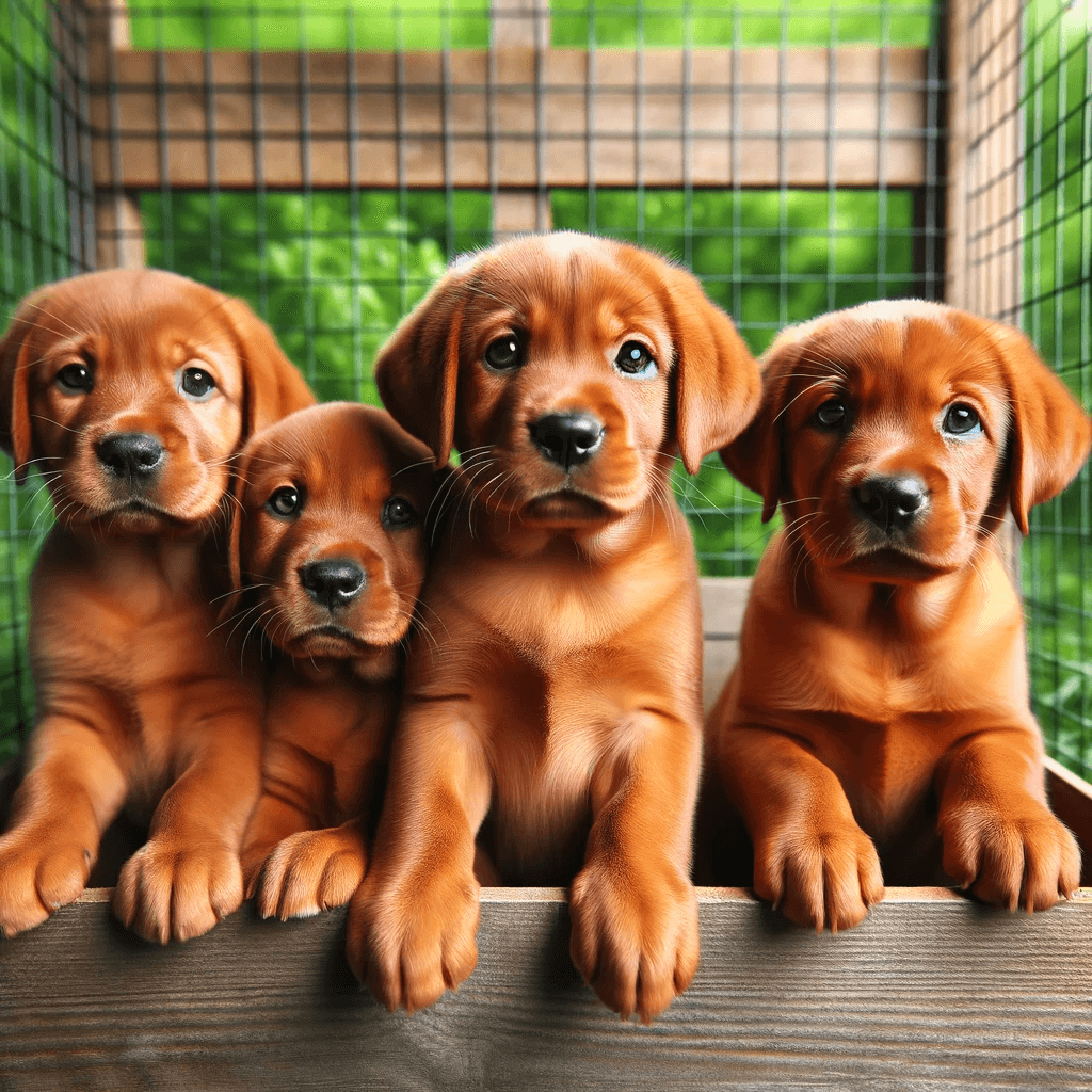 A_group_of_four_red_fox_lab_puppies_sitting_together_inside_a_fenced_area_with_a_green_background_looking_curiously_at_the_camera