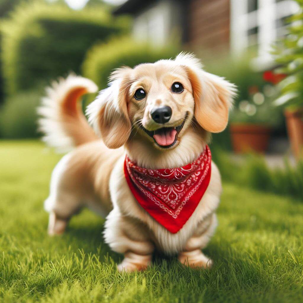 A_joyful_English_cream_Dachshund_standing_on_grass