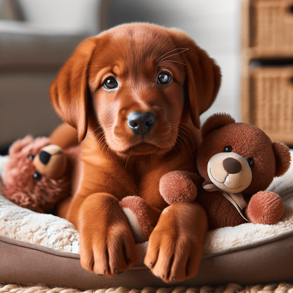A_red_fox_lab_puppy_lying_down_with_a_teddy_bear
