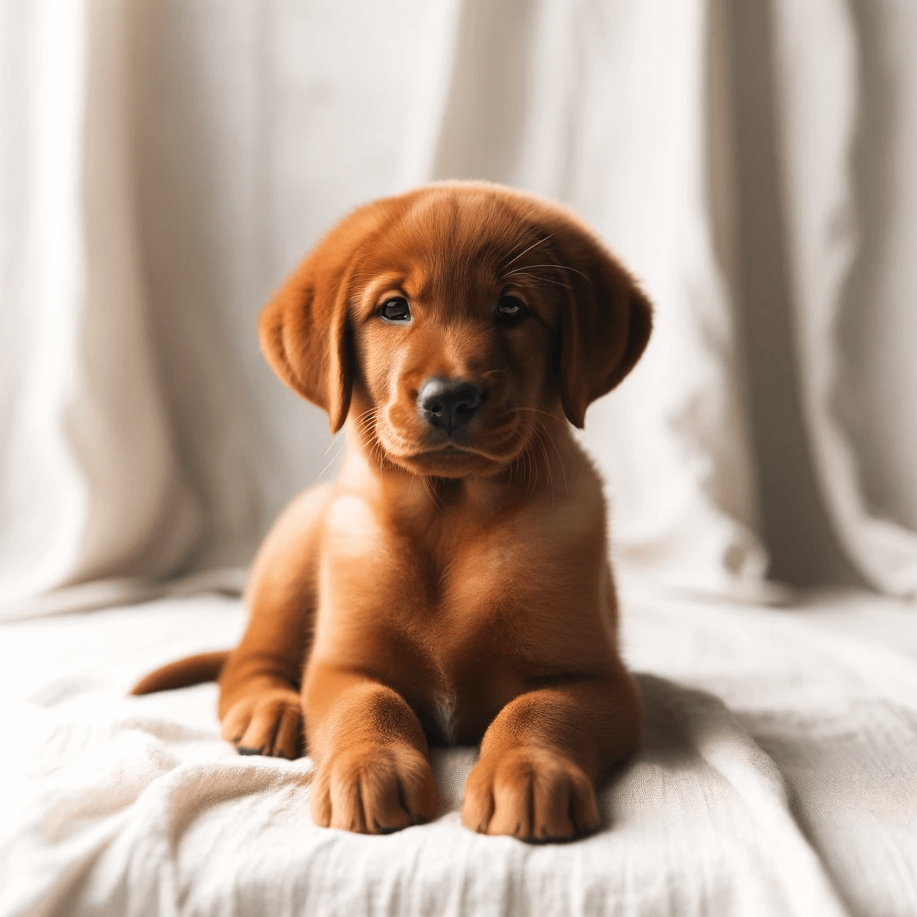 A_red_fox_lab_puppy_sitting_indoors_on_a_white_fabric_surface_looking_directly_at_the_camera_with_a_calm_expression