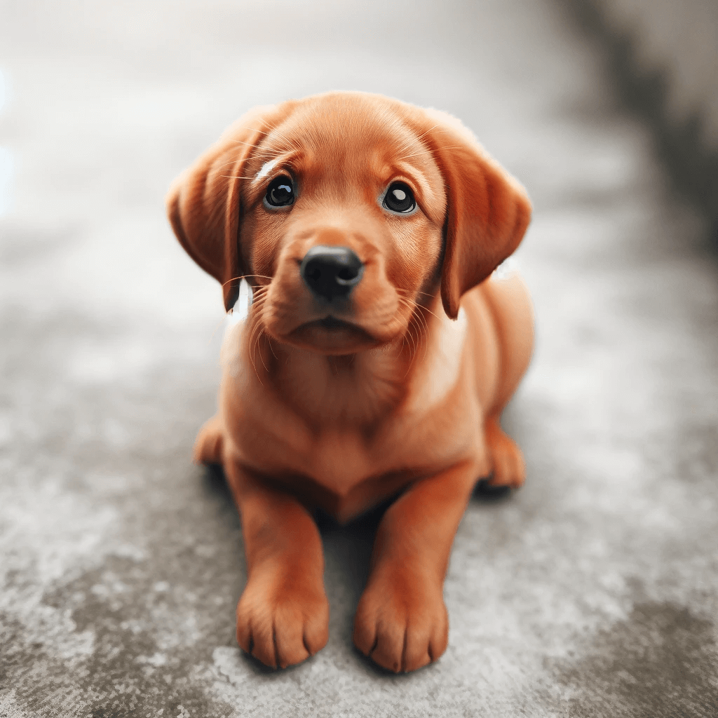 A_red_fox_lab_puppy_sitting_on_a_concrete_surface_outdoors_looking_up_with_a_soft_expression