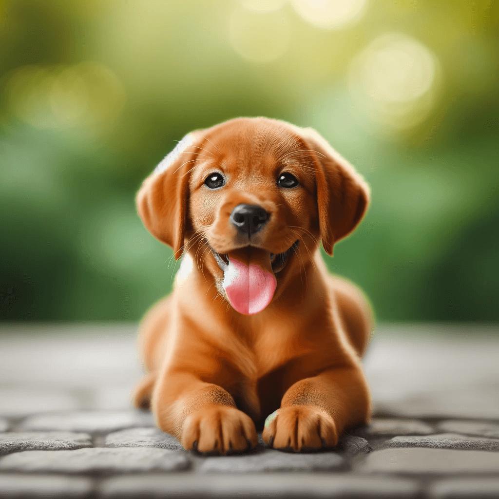 A_single_red_fox_lab_puppy_lying_on_a_stone_surface_outdoors_with_a_blurred_green_background_tongue_out_looking_happy_and_relaxed