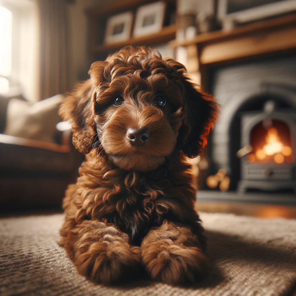 A_small_young_Labradoodle_with_a_dense_curly_brown_coat_is_lying_down_indoors_with_a_fireplace_in_the_background