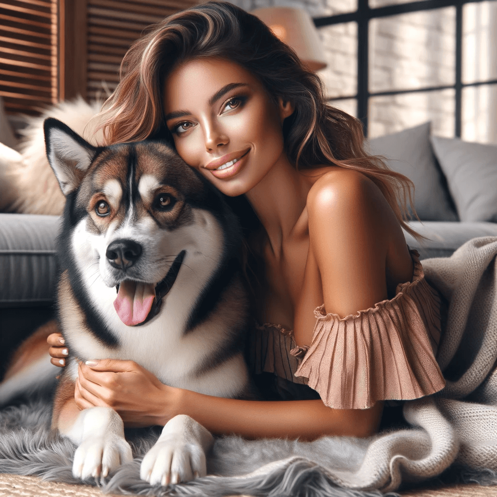 A_stunning_woman_and_a_Husky_Boxer_Mix_Boxsky_cozily_snuggled_up_on_a_soft_blanket_indoors