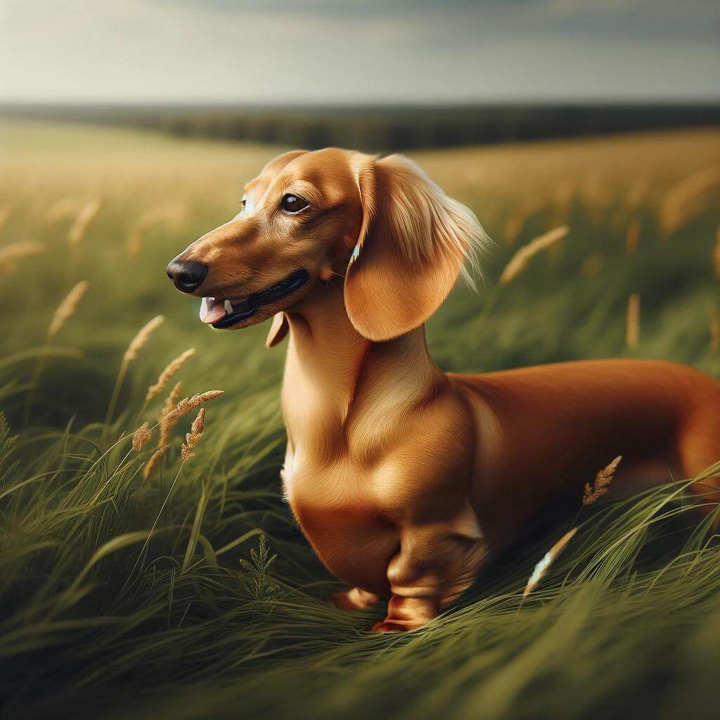 An_English_cream_Dachshund_in_a_grassy_field__misi