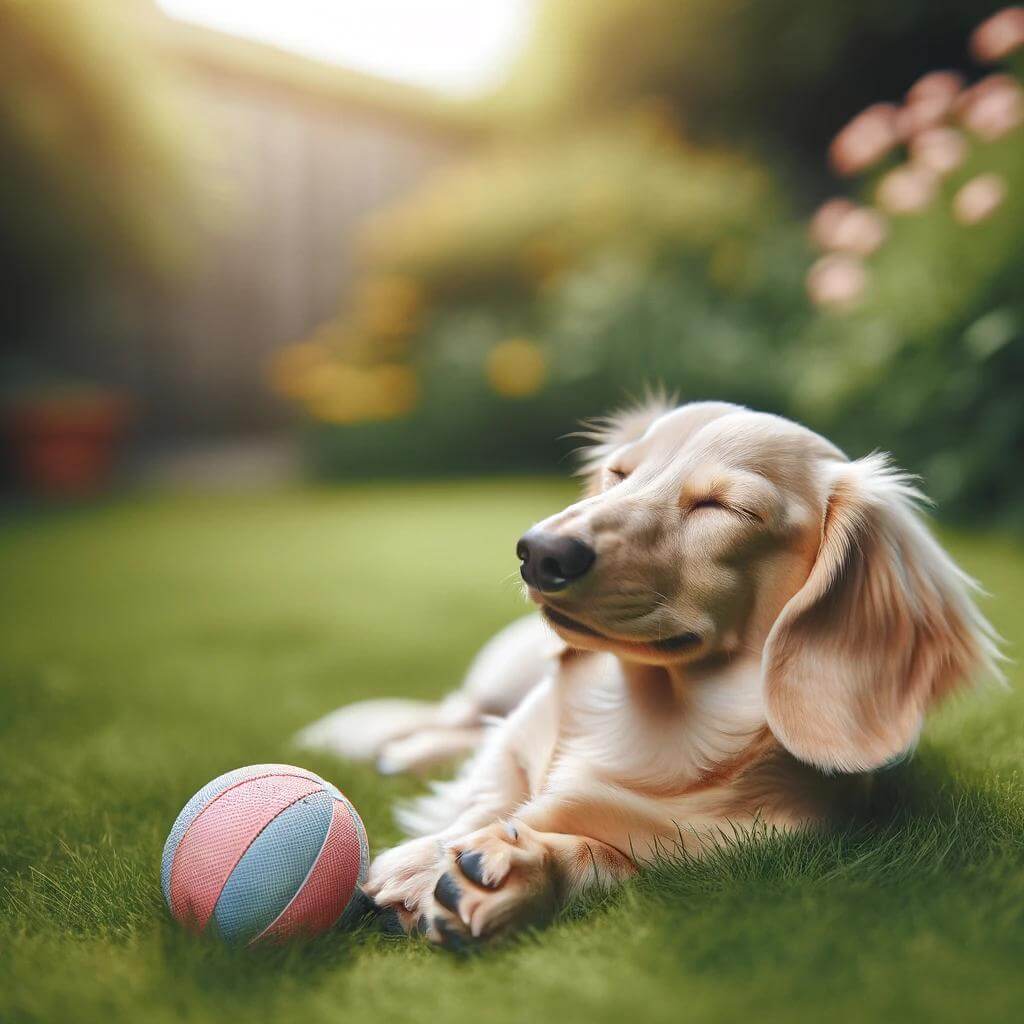 An_English_cream_Dachshund_lying_on_grass__appeari