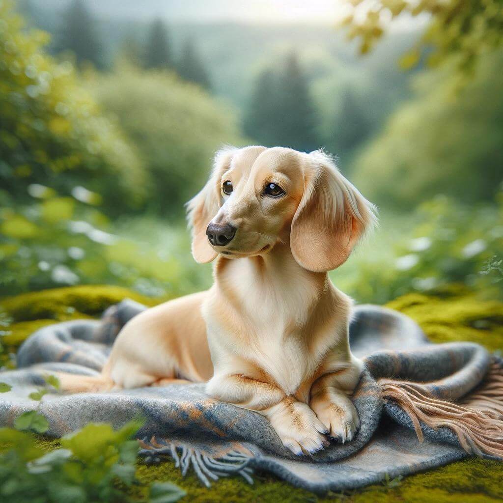 An_English_cream_Dachshund_on_a_blanket_outdoors