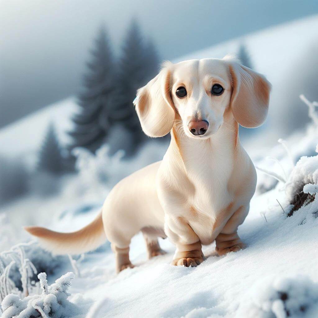 An_English_cream_Dachshund_on_a_snowy_hill__the_pa