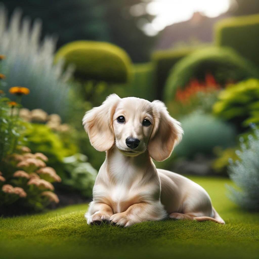 An_English_cream_Dachshund_puppy_in_a_serene_garde