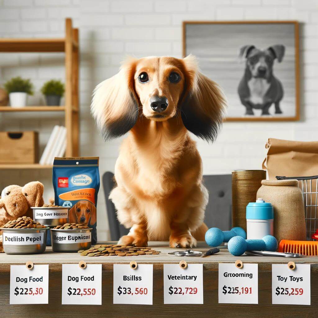 An_English_cream_Dachshund_sitting_next_to_a_table