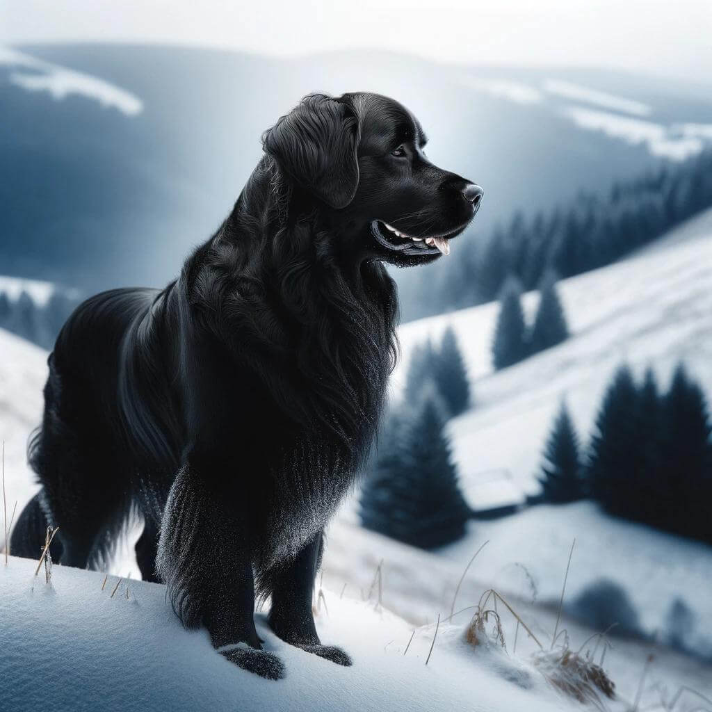 An_adult_Black_Golden_Retriever_on_a_snowy_hill
