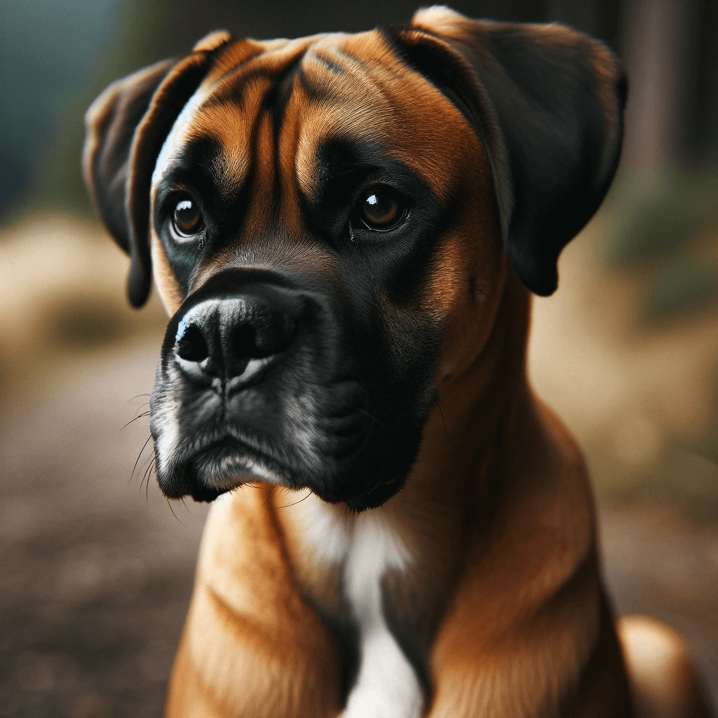 An_adult_Husky_Boxer_Mix_Boxsky_with_a_golden-brown_coat_similar_to_a_Boxer_and_a_black_muzzle._The_dog_has_soulful_brown_eyes_and_a_head_tilt
