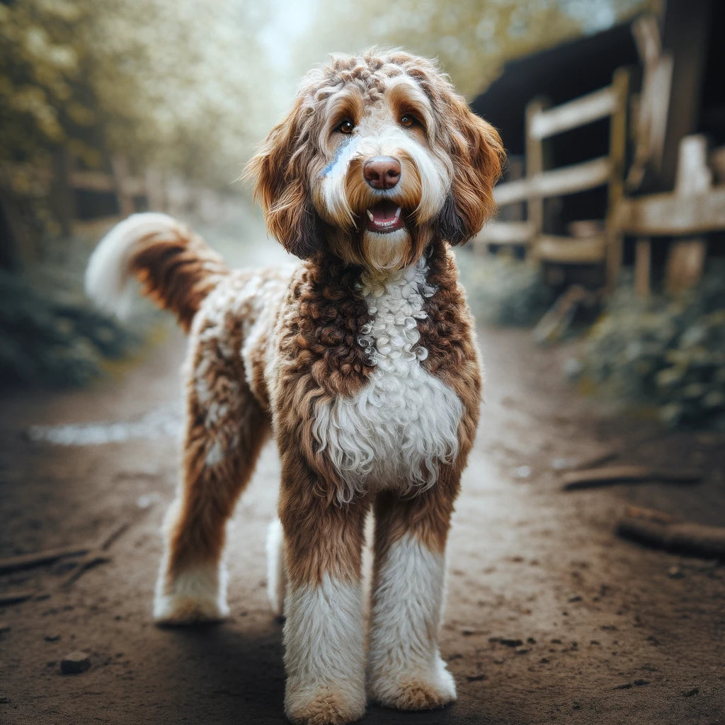 An_engaging_portrait_of_a_Labradoodle_with_a_distinctive_two-toned_coat_brown_and_white_standing_proudly_on_a_dirt_path