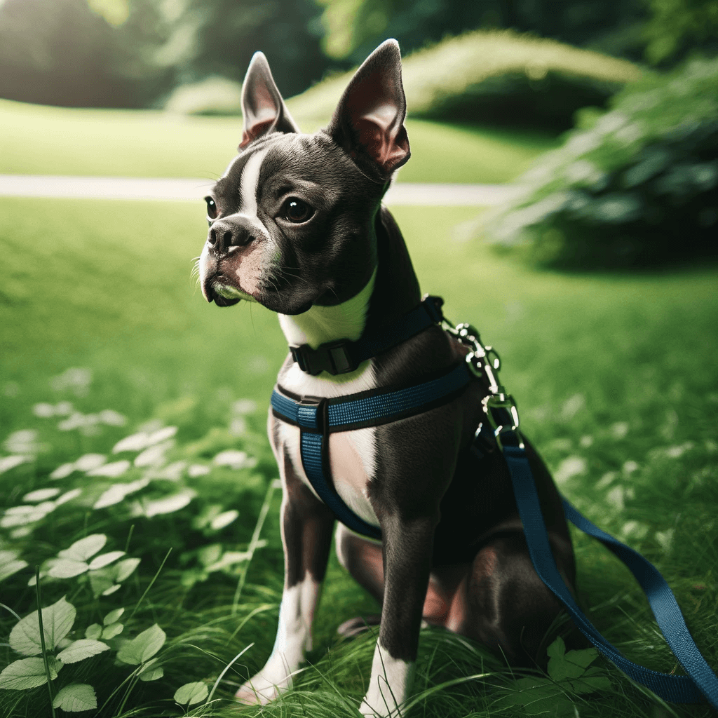 Blue_Boston_Terrier_outdoors_on_a_leash_with_a_black_harness_sitting_on_the_grass