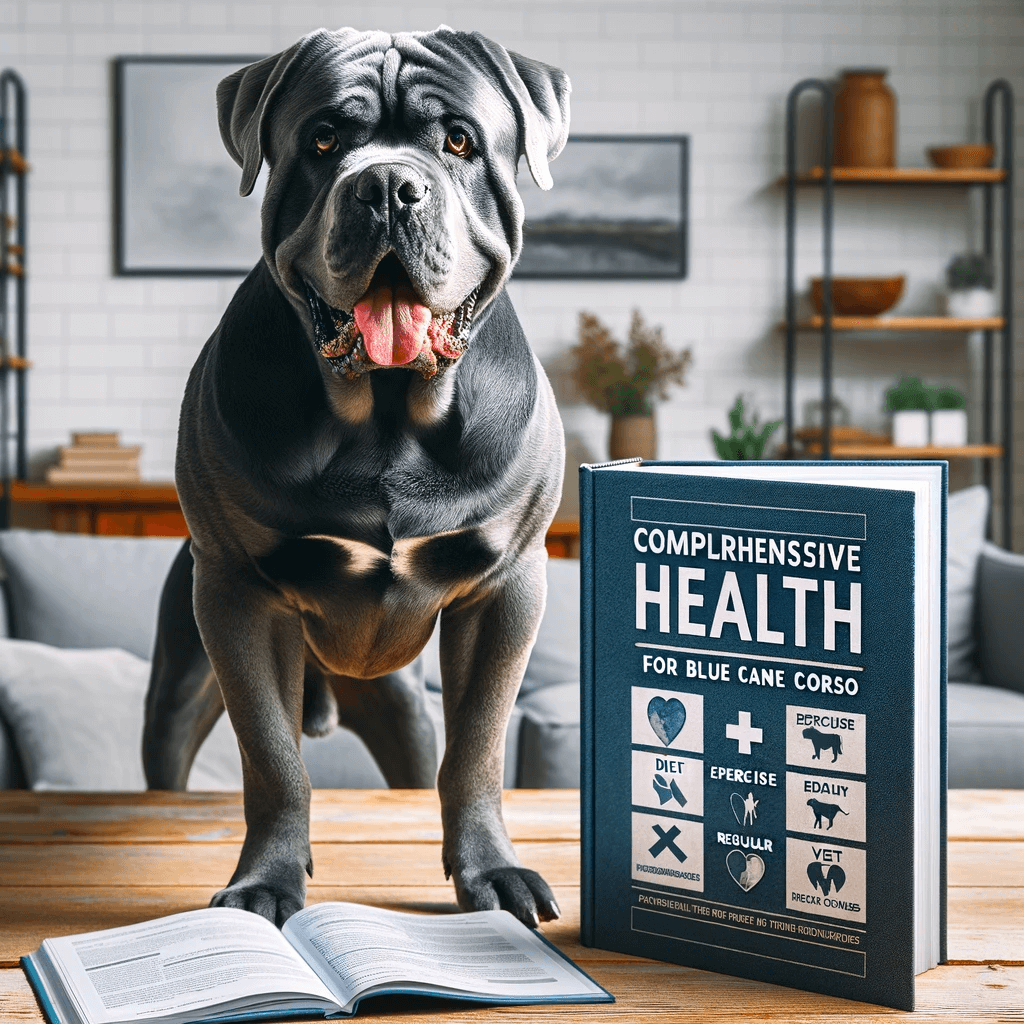 Blue_Cane_Corsos_displayed_next_to_a_healthy_vibrant_Blue_Cane_Corso_emphasizing_preventative_care_and_regular_vet