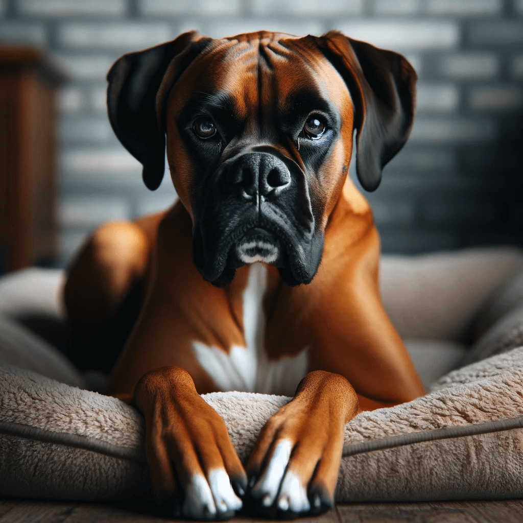 Boxador_lying_on_a_plush_dog_bed_showcasing_its_muscular_build_with_a_distinct_black_muzzle_and_expressive_brown_eyes