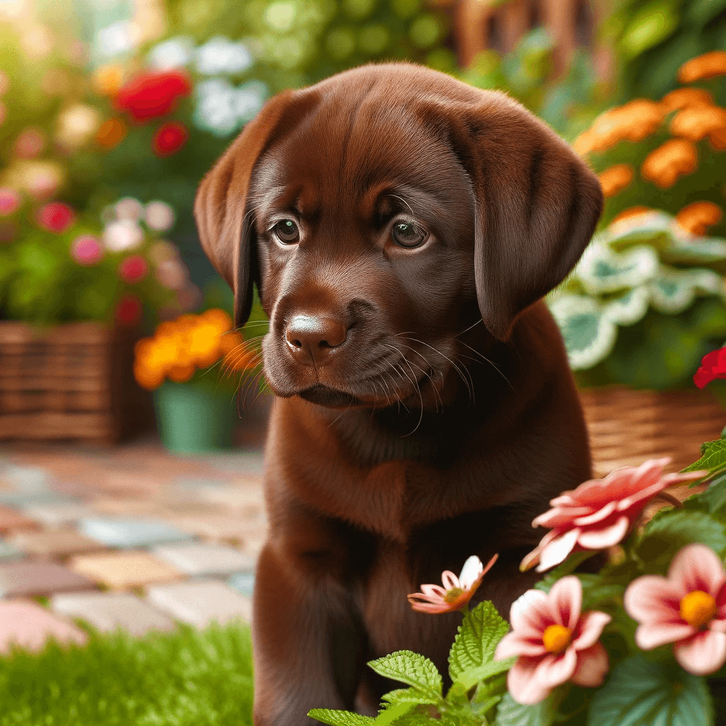 Chocolate_Lab_Pup_With_a_Shiny_Coat_Curiously_Exploring_a_Colorful_Garden_69a69da8