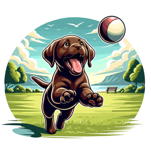 Chocolate Lab puppy its mouth open wide racing to catch a ball in mid air