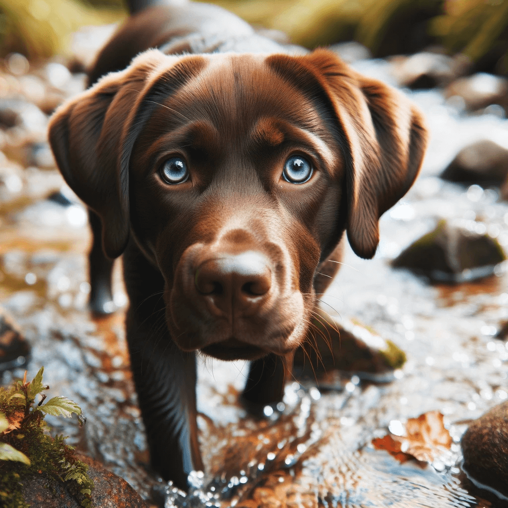 Chocolate_Labrador_with_Blue_Eyes_Exploring_a_Creek
