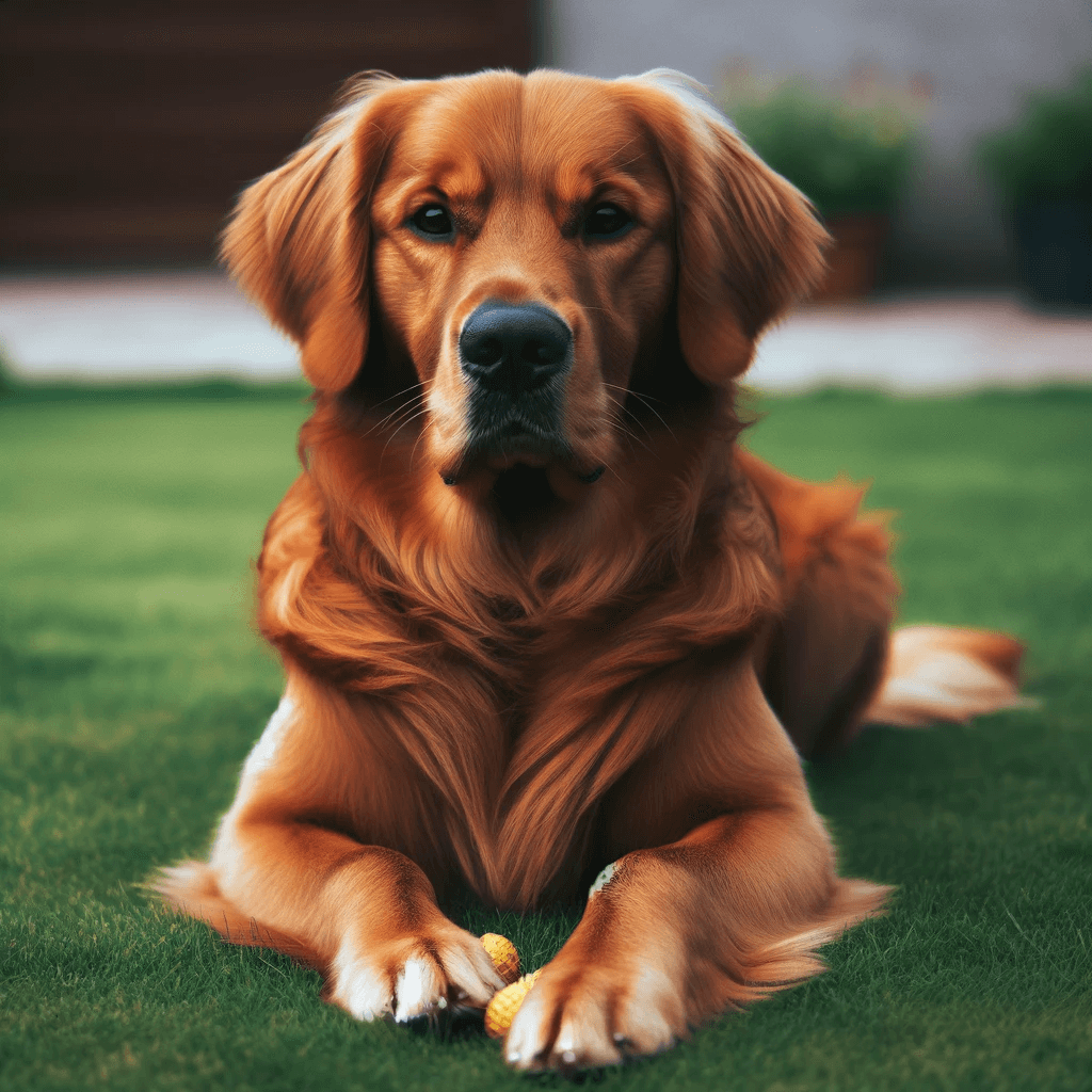 Dark_single_Golden_Retriever_lying_down_on_the_grass_with_a_focused_expression