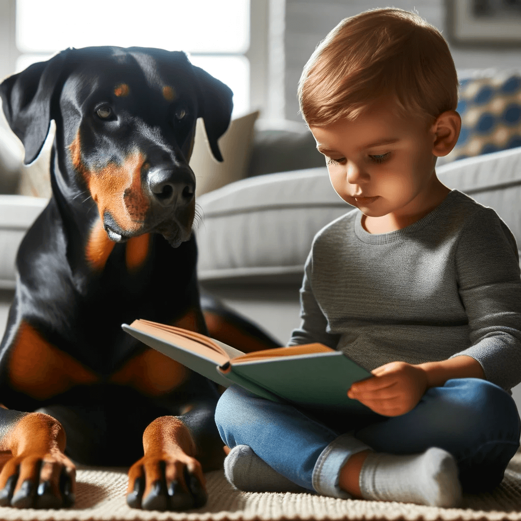 Doberman-Lab mix dog sitting quietly beside a child reading a book