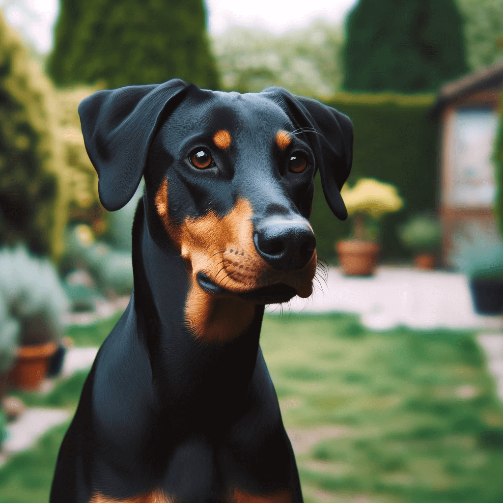 Doberman Pinscher Lab mix dog standing alertly in a garden