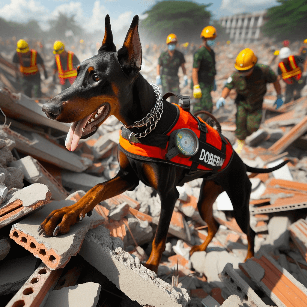 Doberman wearing a search and rescue vest