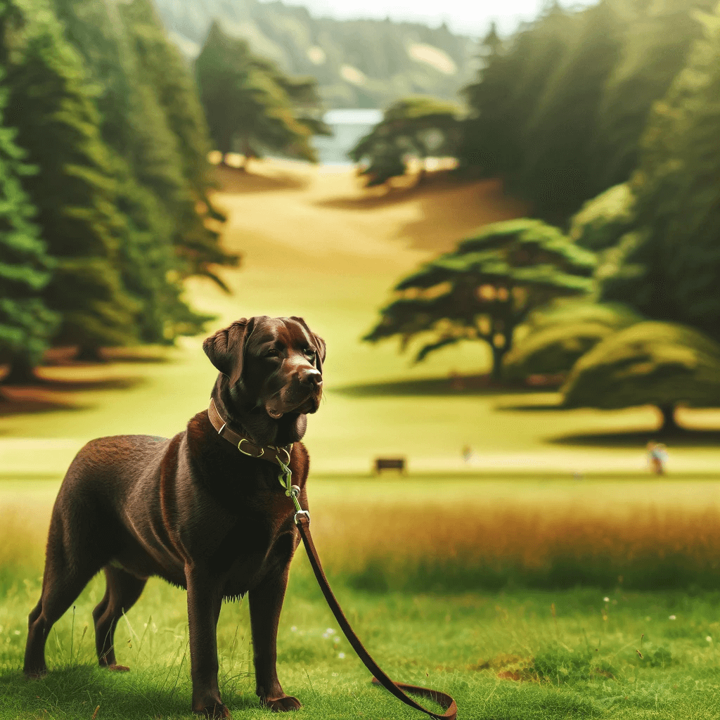 English_Chocolate_Lab_enjoys_the_outdoors_standing_on_a_grassy_expanse_with_a_tree-lined_background_hinting_at_a_leisurely_day_in_a_park_or_open