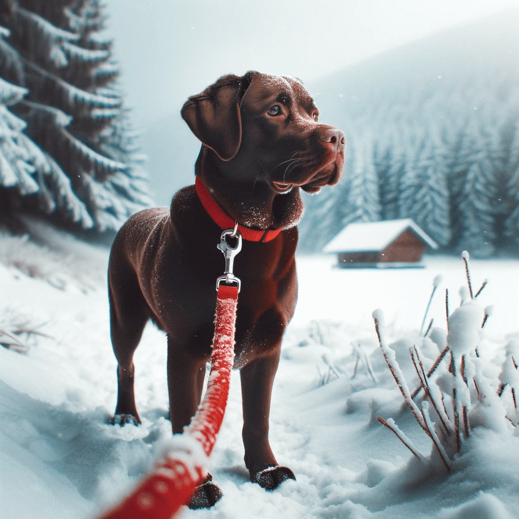 English_Chocolate_Lab_is_connected_to_a_vibrant_red_leash_suggestive_of_a_brisk_winter_walk._Its_alert_posture_and_forwar