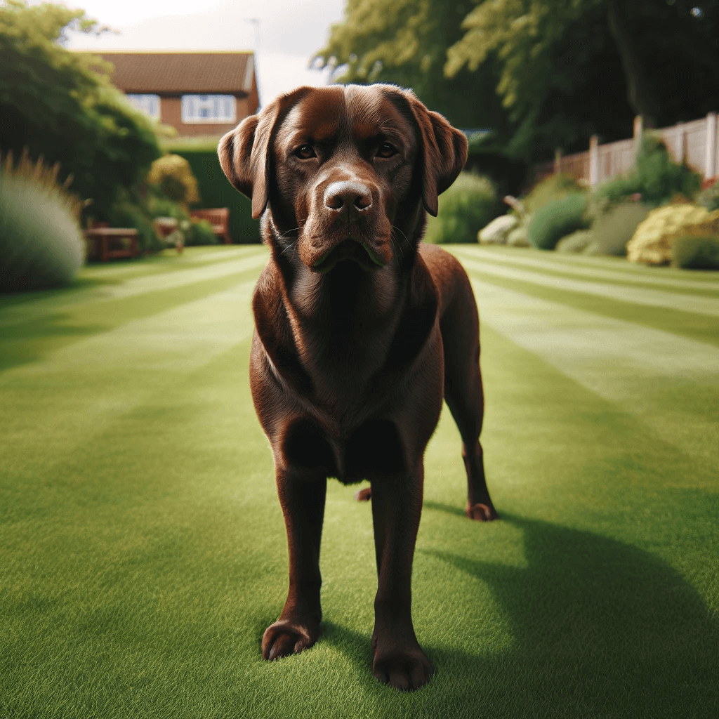 English_Chocolate_Labrador_standing_on_a_well-kept_lawn_presenting_a_composed_stance_and_a_direct_tranquil_look_towards